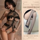Black (open-crotch bodysuit with cutouts + lace fishnet stockings)