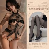 Black (open-crotch bodysuit with cutouts + open-crotch tights)