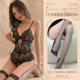 Black (sexy open-crotch bodysuit + matching stockings)