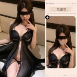 Black nightgown + thong + eye mask + black open-crotch stockings