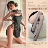 Black (lace-up cheongsam dress + thong + black fishnet stockings)