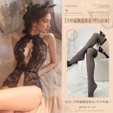 Black (open-crotch bodysuit with exposed chest + flat-top stockings)