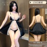 [Black] Open-front slip dress + thong + black open-crotch stockings
