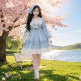 Blue long-sleeved Lolita dress + free teddy bear bow
