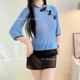 Blue top + black skirt + open-crotch black stockings