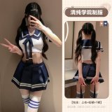 Blue cropped top + pleated skirt + thong + white headband (2552)