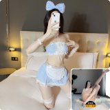 Blue suit + white open-crotch stockings + flirtatious arm warmers