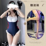 Blue and white fishnet stockings