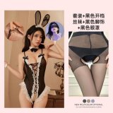 Set (bracelet + neck ring + headband) + black open-crotch stockings + anklet + lace eye mask