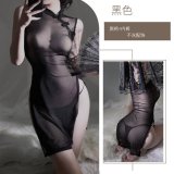 Black mesh cheongsam + C03 black open-crotch stockings