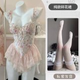 Champagne-colored [suspender vest + thong pants + lace stockings]