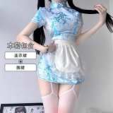 Light blue Chinese-style two-piece set (cheongsam dress + apron included)