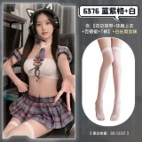 ◆College Girlfriend◆ Blue and purple plaid + white [lace tie + tube top + pleated skirt + thong] + white stockings