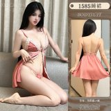 [Coral Pink] Open-front sundress + thong + black open-crotch stockings