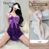 0803 [Breast Support] Dark Purple Butterfly Nightgown + Panties + White Open Crotch Stockings