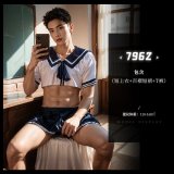 ◆7962◆ Dark Blue + White [Crop Top + Pleated Skirt + T-shirt]