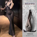 ♥Fatal Woman♥ Slimming Black [Slip Dress + T-shirt + Black Open Crotch Stockings]