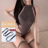 Gray + leather cord + gray striped stockings