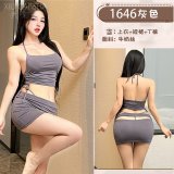 [Gray] Set including top, pencil skirt, thong, and heart-shaped choker.