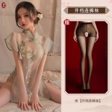Green [cheongsam + T-shirt] + 7001 black stockings