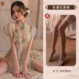 Green [cheongsam + T-shirt] + 7004 white stockings