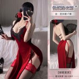 ◆A Beauty Mark in the Human World◆ Wine Red + Black [Cheongsam + T-shirt] + Lace Stockings