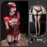 *Red and black stockings and an eye mask*