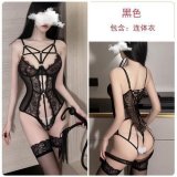 Lace cutout bodysuit + black ribbed stockings