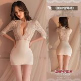 Lace V-neck bodycon skirt [Seductive white] + T-shirt + Free open-crotch white stockings