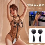 Leopard print + black tassel nipple covers + black open-crotch stockings