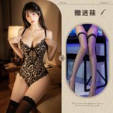 Leopard print bodysuit + black fishnet stockings
