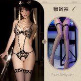 Leopard print bodysuit + black fishnet stockings
