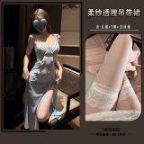 Light blue [soft chiffon maxi skirt + thong] white stockings