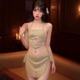 Light green (bellyband + thong + skirt) + white fishnet stockings