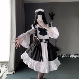 Black long-sleeved four-piece set with a large bow (skirt + apron + free headpiece + free large black bow)
