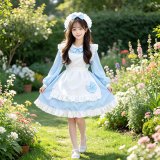 Blue long-sleeved Lolita dress with bow + apron + headband included
