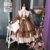 Coffee-colored long-sleeved Lolita dress + free teddy bear bow