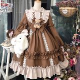 Coffee-colored long-sleeved Lolita dress + free teddy bear bow