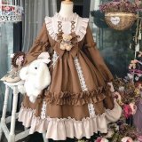 Coffee-colored long-sleeved Lolita dress + free teddy bear bow
