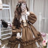 Coffee-colored long-sleeved Lolita dress (single skirt)