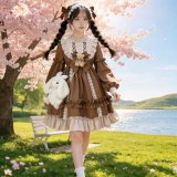 Khaki long-sleeved Lolita dress + free teddy bear bow