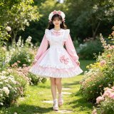 Pink bow-tie long-sleeved Lolita dress + apron + headband included