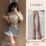 Maid outfit + white lace fishnet stockings
