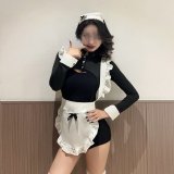 Maid outfit + rolled-up white stockings