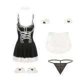 Maid outfit with skinny frame and black stockings