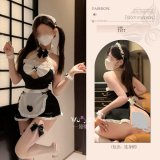 Maid [skirt + apron + bracelet + headband] + black open-crotch stockings