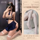 Navy blue (tie + bra + skirt + thong + fishnet stockings)