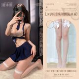 Navy blue (tie + bra + skirt + thong + stockings with bow)