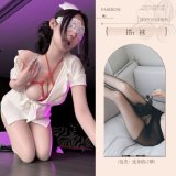 White [nurse uniform + headdress + belt] + black open-crotch stockings + inner rope top