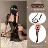 NY1SYT003951◆Hidden Fragrance◆ Black【High-slit Long Skirt + T-shirt】+Black Long Leather Whip + Black and Red Pantyhose